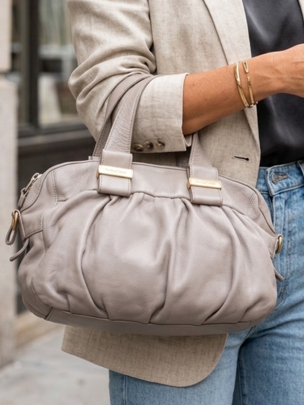 Authentic See by Chloé Taupe Leather Pleated Satchel Shoulder Bag - Picture 2 of 12